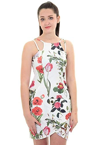 Ladies Strappy Floral Flower Print Wrap Front Curved Hem Bodycon Short Dress [Print 4 (White Multi Floral, UK 8]
