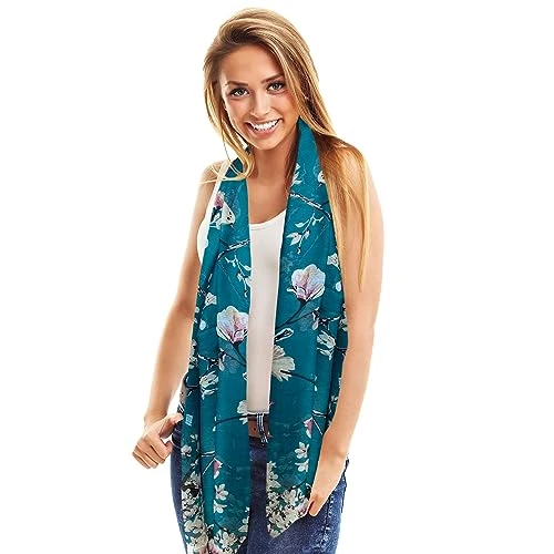 Ladies Stylish Long Lightweight Scarves Wraps Shawls Patterned Bird prints, Butterflies and Floral Prints-TEAL PARADISE