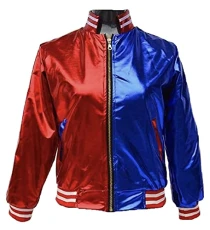 Ladies Suicide Squad Harley Quinn Bomber Jacket Costume Metallic Shiny Fancy Dress Pants Leggings Top 8 - Bomber Jacket Joker Red/Blue