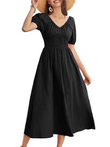 Ladies Summer Beach Dresses Short Sleeve Elegant Casual A-Line Midi Dress High Waist Black Dress for