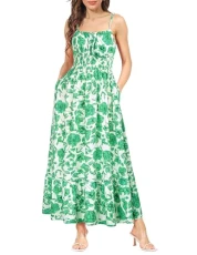 Ladies Summer Casual Floral Maxi Dresses A Line Strappy Flowy Smocked Beach Long Dress G