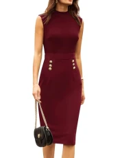 Ladies Summer Jumper Dresses Mock Neck Sleeveless Formal Work Bodycon Wrap Dress Burgundy S