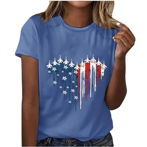 Ladies Summer Tops Size 8-16 Independent's Day Shirts for Women UK Heart Flag Printed Blouses Classic Basic Short Sleeve Tee Top Baggy Tunic Pullover Tshirts Party T-Shirts