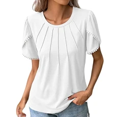 Ladies Summer Tops, Womens Casual Crew Neck Short Sleeve Pleated Tops Blouses Fashion Clothes 2024 New Shirts Tunic Tops for Women UK Crewneck Casual T-Shirts Sales Daily (240322A-White, XL)