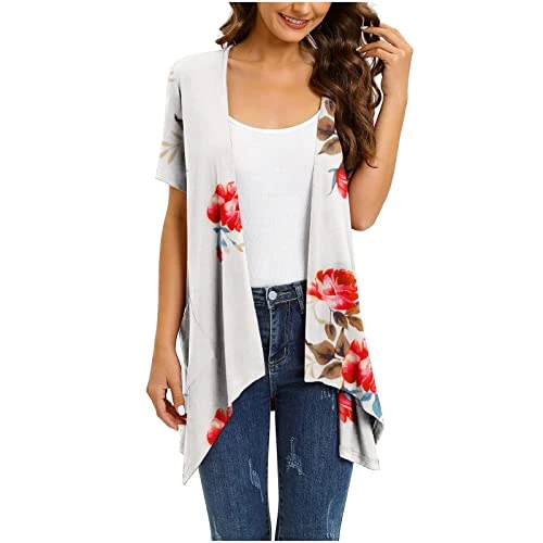Ladies Sweaters for Fall Women Floral Short Sleeve Cardigans for Women Casual Drape Open Front Lightweight Summer Cardigan with Pocket High Low Hem Long Cardigan Vest for Women(XB White,XL)
