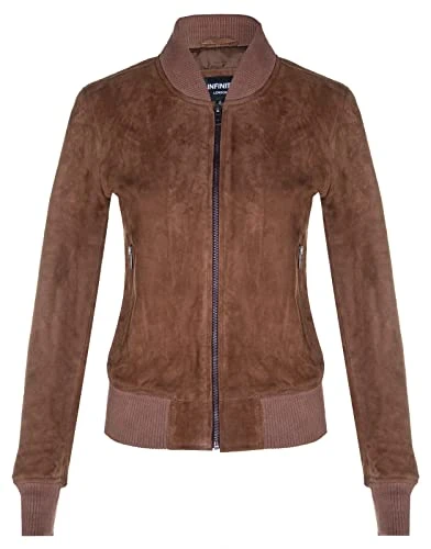 Ladies Tan Brown Goat Suede Bomber Jacket Genuine Leather MA-1 Varsity Retro XL