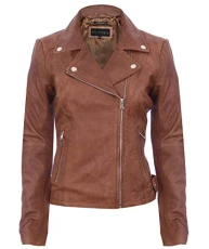 Ladies Tan Vintage Brando 100% Leather Biker Jacket L