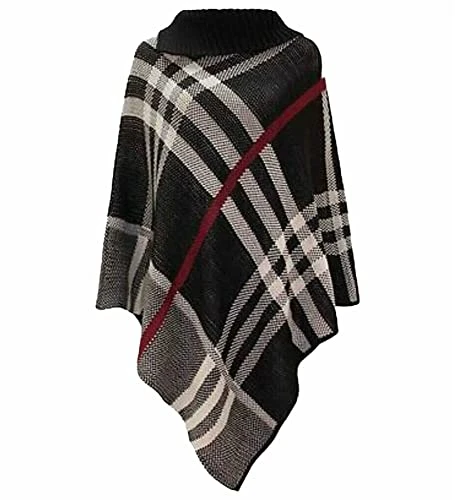 Ladies Tartan Poncho Collared Cape Shawl Jumper Wrap Tops Women UK Knitted Jumper Ponchos Women Sweater Women Christmas Jumper Women Jumper Womens Crochet Tops Black One Size