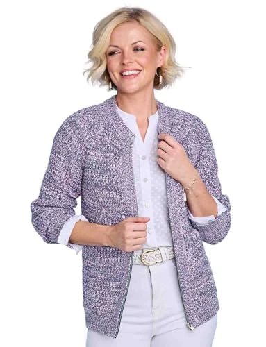 Ladies | Textured Marl Knit Zip Cardigan | Stylish Layering for Spring & Autumn | Long Sleeve V-Neck | Lilac