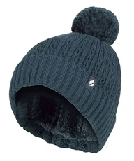 Ladies Thermal Cable Beanie Hat Winter Knitted Pom Pom Hat | Soft Ribbed Bobble Hat (One Size, Teal)