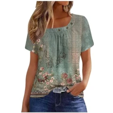 Ladies Top Summer Casual T-Shirts Square Neck Short Sleeve Tunic Tops Loose Vintage Floral Print Shirts Ruched Classic-Fit T Shirts Daily Tee Party Vacation Blouses Trendy
