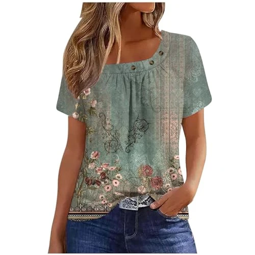 Ladies Top Summer Casual T-Shirts Square Neck Short Sleeve Tunic Tops Loose Vintage Floral Print Shirts Ruched Classic-Fit T Shirts Daily Tee Party Vacation Blouses Trendy