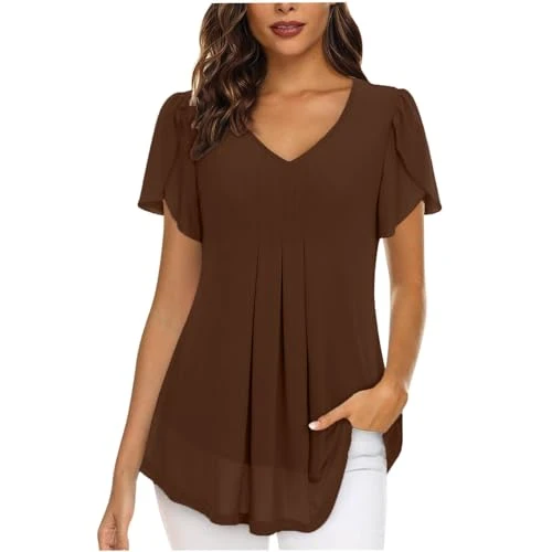 Ladies Tops Chiffon Sheer Short Sleeve Swing Blouse with Linend V Neck Tunic Shirt Loose Elegant Pul