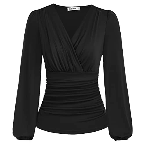 Ladies Tops for Women UK Autumn Winter Elegant V Neck Long Sleeve Loose Tee Blouse Black M