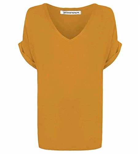 Ladies Tops Oversized T Shirts for Women Plain Turn Up Short Sleeved Shirt V Neck Loose Casual Baggy Womens Plus Size Tops Ladies Summer Tops Going Out Blouse Mustard 16-18