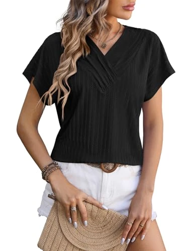 Ladies Tops Size 18 UK, Womens V Neck Tops Plus Size Short Sleeve Fashion Plain Black T Shirt Loose Tunic Womens Spring Summer Streetwear Black X-Large