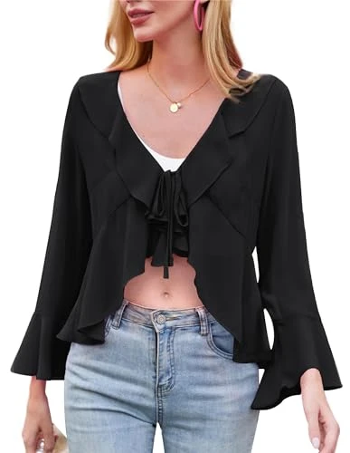 Ladies Tops Summer Long Sleeved V Neck Blouses Casual Tops Black L