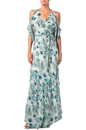 Ladies Tropical Floral Print Cold Shoulder Wrap Maxi Dress, Blue, L