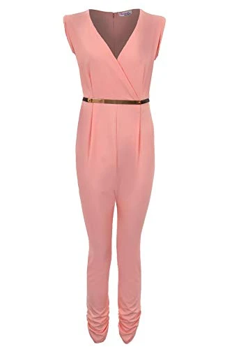 Ladies Turn Up Sleeve Low V Neck Wrap Front Belted Women's Party Jumpsuit [Blush, UK 10]