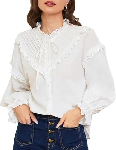 Ladies Vintage Elegant Long Sleeve Blouse Retro Shirt White XL BP0037A24-01