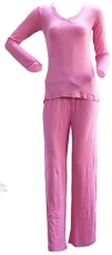 ® Ladies Viscose Long Sleeve Lace Trim V Neck Top & Long Pants Pyjama Set [Size M, Colour Pink]
