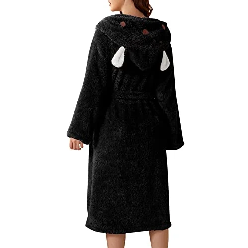 Ladies Warm Fleece Short Pyjamas Cotton Solid Color Bathrobe Winter Long Sleeve Bathrobe Home Women Lightweight Soft Sauna Robe, Black, L