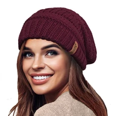 Ladies Warm Slouch Knit Winter Beanie Hat with Supersoft Velour Thermal Lining ski Cap-Burgundy Ladies Warm Slouch Knit Winter Beanie Hat with Supersoft Velour Thermal Lining ski Cap-Burgundy