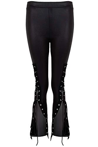 Ladies Wet Look PVC Shiny Eyelet Criss Cross Lace Up Elasticated Leggings [Black, UK 8]