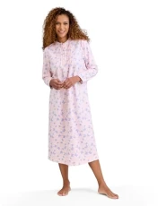 | Ladies | Winceyette Long Sleeve Cotton Nightdress | Pintuck Front | Soft Brushed Cotton | Leaf & Butterfly Print | Pink