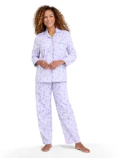 | Ladies | Winceyette Pyjama Set | Soft Brushed Cotton Leaf & Butterfly Print | Collar & Rever Styling | Elasticated Waist Bottoms | 100% Cotton | Lilac