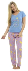 Ladies  Winter Fun Print Short Sleeve Pyjama Set Pajama Sleepwear - Blue / Lemons - S-M