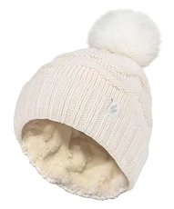 Ladies Winter Fur Beanie Hat Zigzag Patterned Pom Pom Hat | Womens Thermal Cuff Bobble Hat (One Size, Cream)