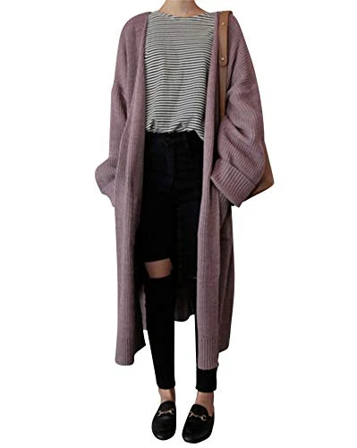 Ladies Women Long Sleeve Length Boyfriend Maxi Cardigan Purple One
