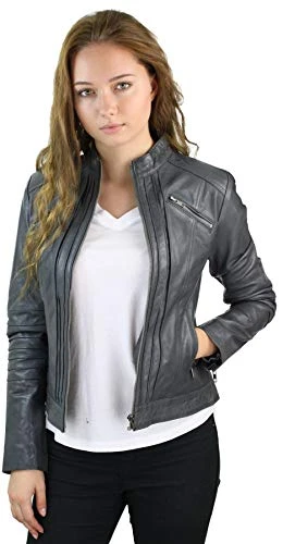 Ladies Women Real Genuine Leather Biker Slim Fit Jacket Size 8-28 - Grey 3XL - 20