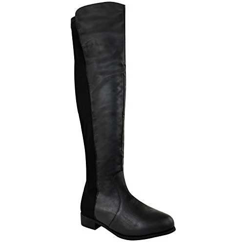 LADIES WOMENS FLAT ELASTICATED WIDE LEG STRETCH OVER THE KNEE HIGH RIDING BOOTS SIZE (UK 8, Black Ma