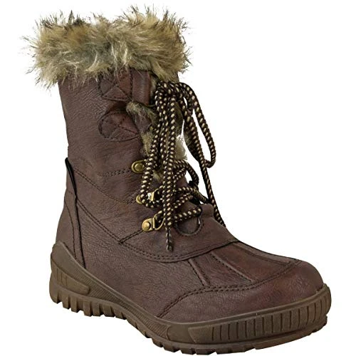 Ladies Womens Flat Warm Fur Lined Grip Sole Winter Snow Ankle Boots Shoes Size (UK 4, Brown Faux Lea