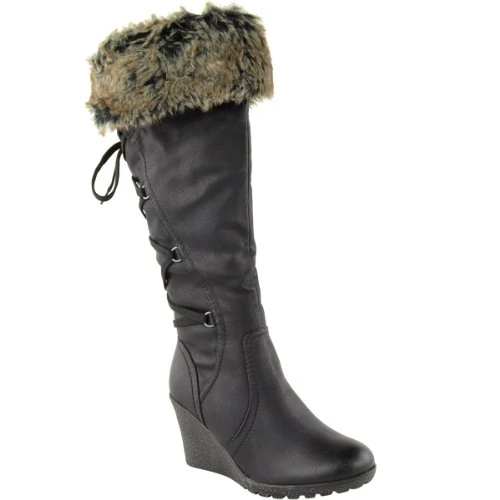 LADIES WOMENS FUR LINED MID WEDGE BOOTS HIGH HEEL WARM WINTER KNEE CALF ZIP SIZE (UK 5 / EU 38 / US 