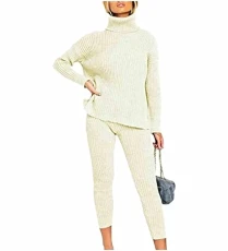 Ladies Womens Jumpers Women UK Chunky Cable Knitted High Roll Neck Womens Jumper Tracksuit Bottoms Women Ladies Lounge Wear Sets Ribbed Leggings Women UK Tracksuit Womens Full Set Cream 12-14