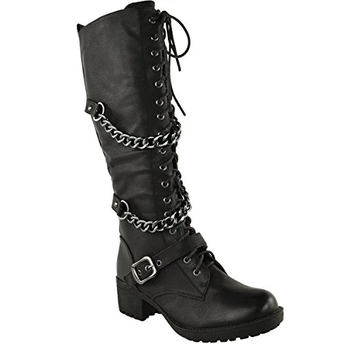 LADIES WOMENS KNEE HIGH MID CALF LACE UP BIKER PUNK MILITARY COMBAT BOOTS SHOES (UK 5, Black Faux Le