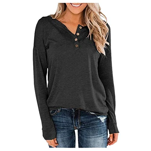 Ladies Womens Long Sleeve Top Basic Tee Tops 1/4 Button Up V Neck Casual Loose Tees Basic Tunic Blou