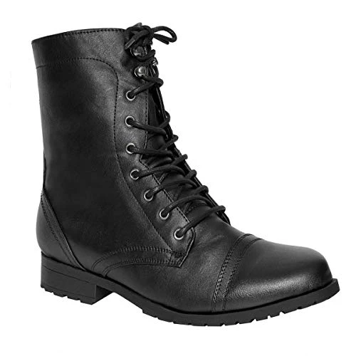 Ladies Womens Low Heel Flat LACE UP Biker Army Military Combat Ankle Boots Size (UK 9, Black Faux Le