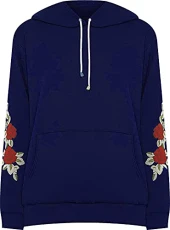 Ladies Womens Plus Size New Floral Embroidered Pouch Pocket Long Sleeve Sweatshirt Ladies Hoodie UK Size 14 (as8, numeric, numeric_24, numeric_26, regular, regular, Navy Blue)