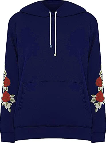 Ladies Womens Plus Size New Floral Embroidered Pouch Pocket Long Sleeve Sweatshirt Ladies Hoodie UK Size 14 (as8, numeric, numeric_24, numeric_26, regular, regular, Navy Blue)