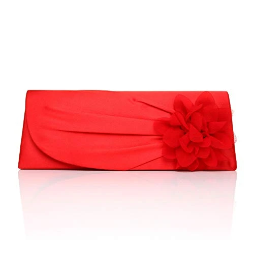 Ladies Women's Satin Clutch Bag With Rose Evening Wedding Party Prom Bridal Handbag Shoulder Bag (RED)