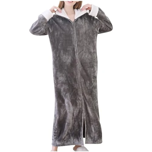 Ladies Zip Fleece Dressing Gown Warm Robes Flannel Housecoat Unisex Full Length Zippered Long Nightgown Bathrobe Fluffy Towelling Bathrobe Sleepwear