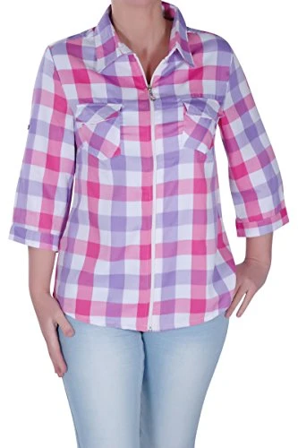 - Ladies Zip Up Checkered Casual Womens Sleeve Plus Size Check Blouse Shirt PinkLilac UK 14/16 EU 42