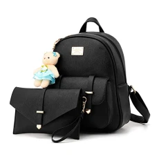 Lady PU Leather Casual College Shoulder Women Girls Bag with Bear Decorations Backpack+Handbag Black