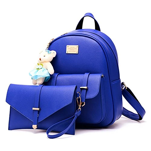 Lady PU Leather Casual College Shoulder Women Girls Bag With Bear Decorations Backpack+Handbag Darkblue