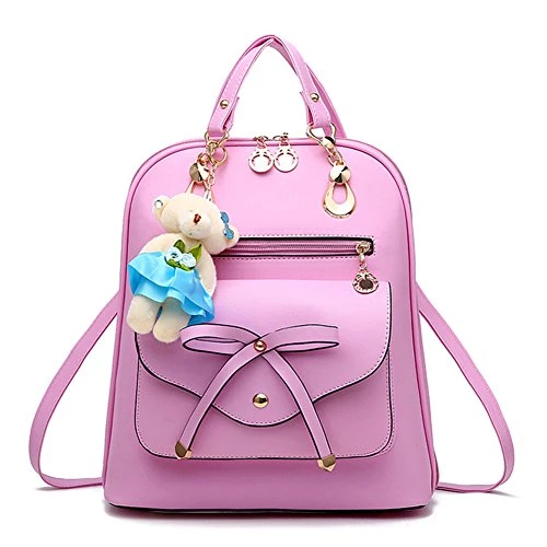 Lady's Bags PU Leather Bag Women's Girl's Casual Travel Shoulder Backpacks with Bear Pink