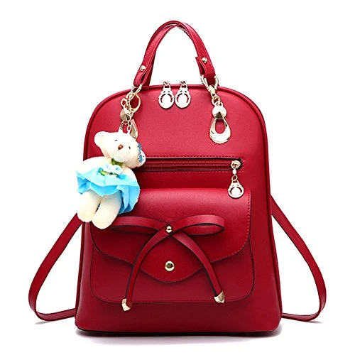 Lady's Bags PU Leather Bag Women's Girl's Casual Travel Shoulder Backpacks with Bear Winered